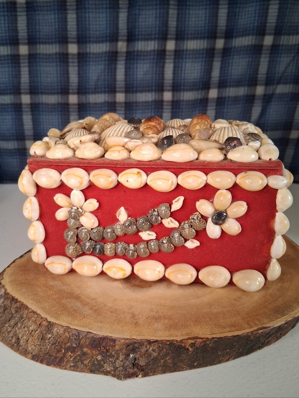 Vintage Red Shell-Embellished Decorative Box 6.5 X 4.5 X 3.5 Beachy Nautical